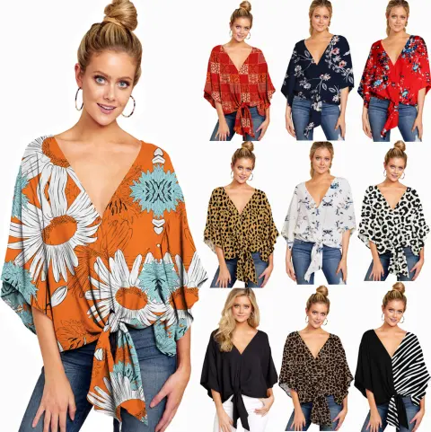 Spring and Summer New V-neck Short-sleeved Printed Loose Top