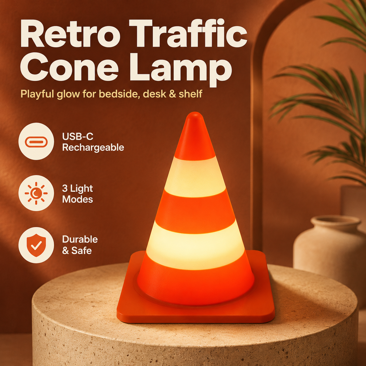 3D Printed Retro Traffic Cone Lamp, Touch Control Night Light, USB-C Rechargeable Desk Lamp, 3 Light Modes, Cute Cone Decor Gift