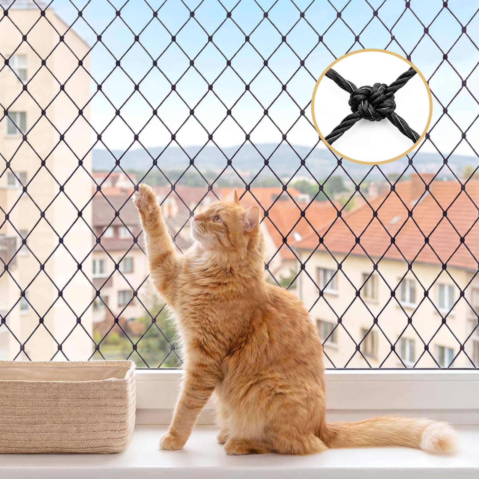 Cat Netting Balcony, 10-13 Ft Steel Wire Reinforced Mesh For Pets  Anti Fall, Scratch And Bite Resistant, All Weather Protection For Patio, Window, Stair, Railing, Mounting Kit Included