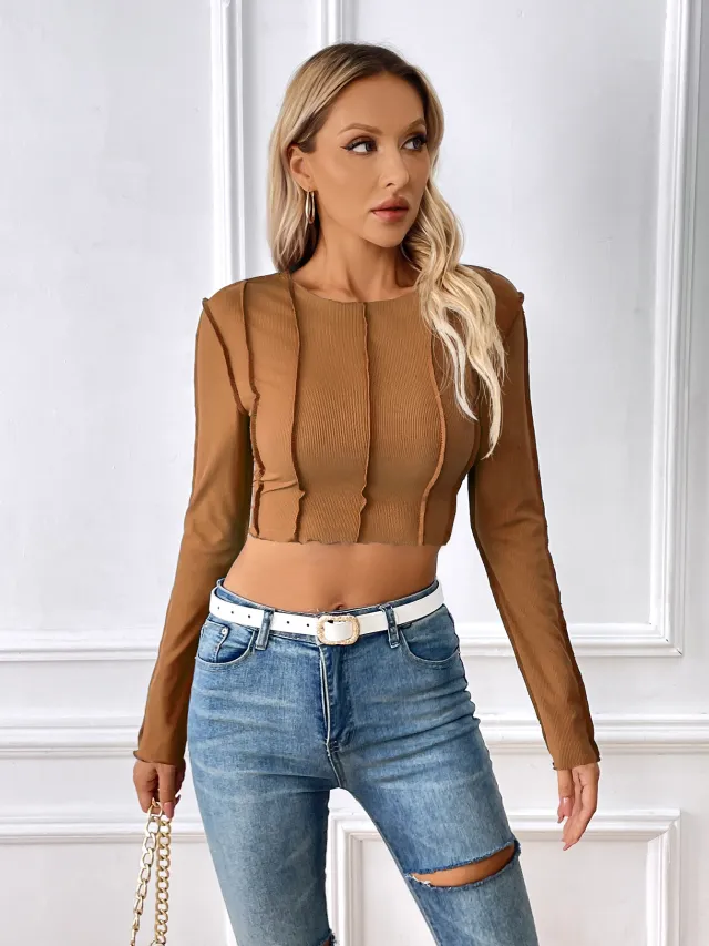 New Slim Long Sleeve T shirt With Exposed Stitching Design Y2K Fashion Sexy Navel exposed Short Top Womens Clothing Brown - Shop at LoveMi