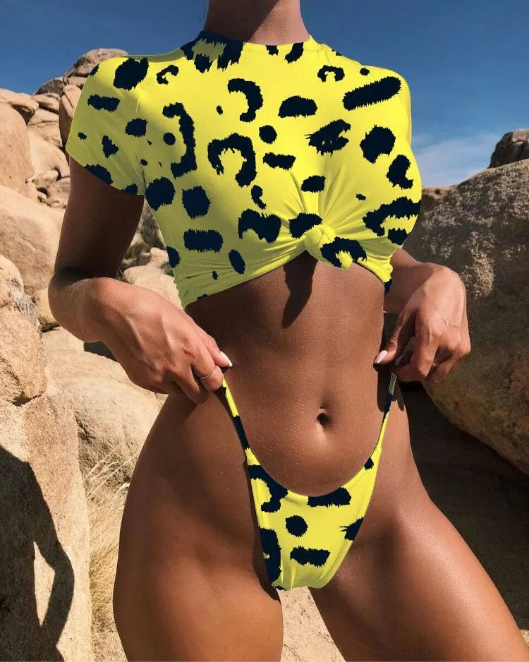 Knotted Split Swimsuit Half Sleeve Bikini Solid Color Swimsuit - Yellow