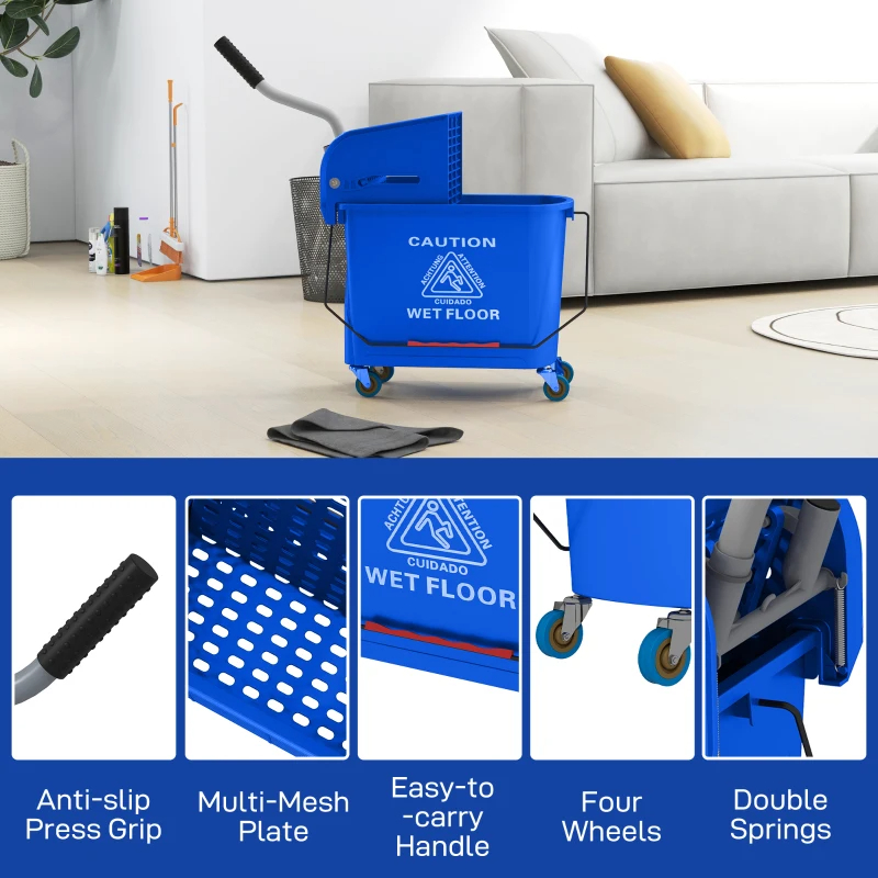 Compact Mop Bucket With Wringer, Mop Bucket On Wheels For Floor Cleaning, 21 Quart, Separate Dirty And Clean Water, Blue
