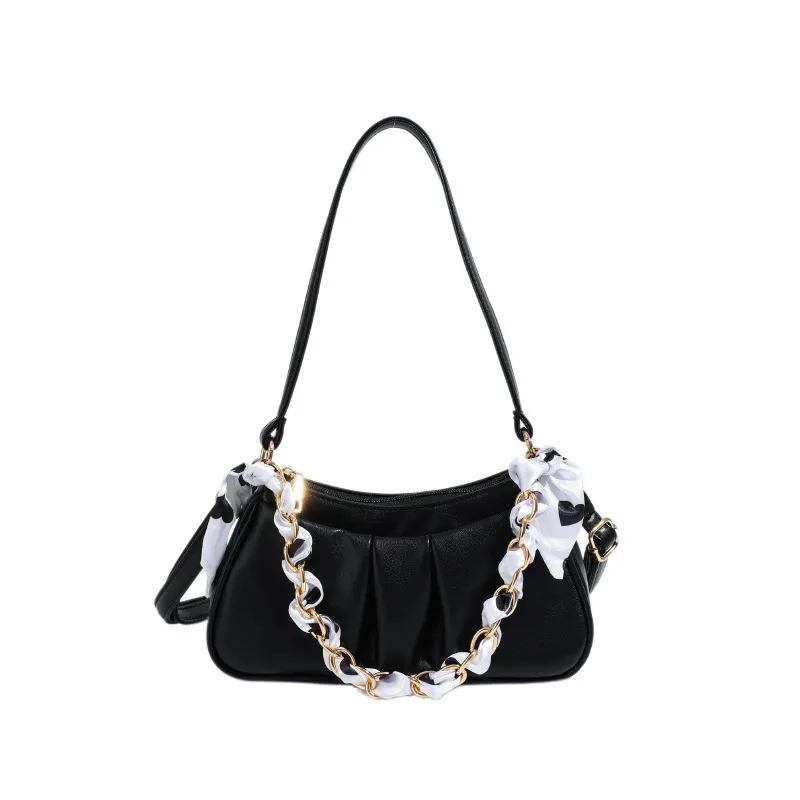 Bag Western Style Folds Shoulder Bag Net Red Chain Handbag - Black