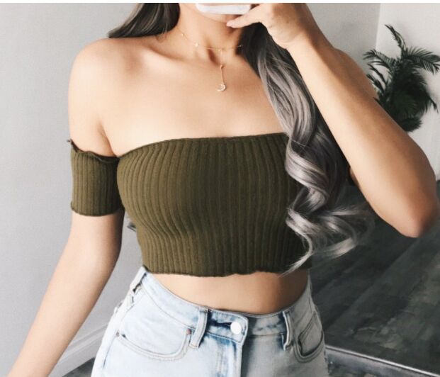 Title 3, Solid Color Short Off-Shoulder Bare-Neck Collar...