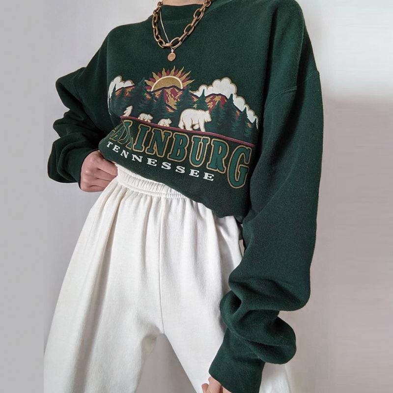 Title 3, American Retro Dark Green Round Neck Sweater Women