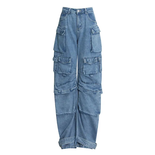 Cargo Jeans Spice Girl Style Loose Multi pocket Floor Mop Pants Wide Leg Pants Blue - Shop at LoveMi