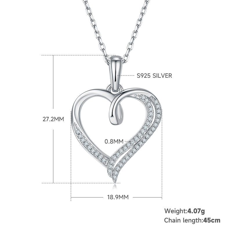 4g S925 Sterling Silver 49 Stones Moissanite Heart Necklace 45cm Asymmetric Double Row Pendant With GRA Certificate, Platinum Plated Romantic Jewelry Gift Box Set For Women