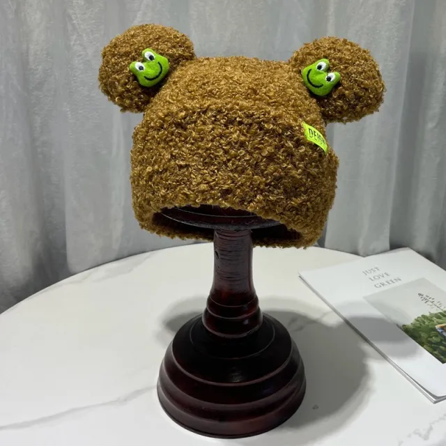 Japanese Cartoon Cute Frog Lambswool Bun Head Hat Dark Brown - Shop at LoveMi