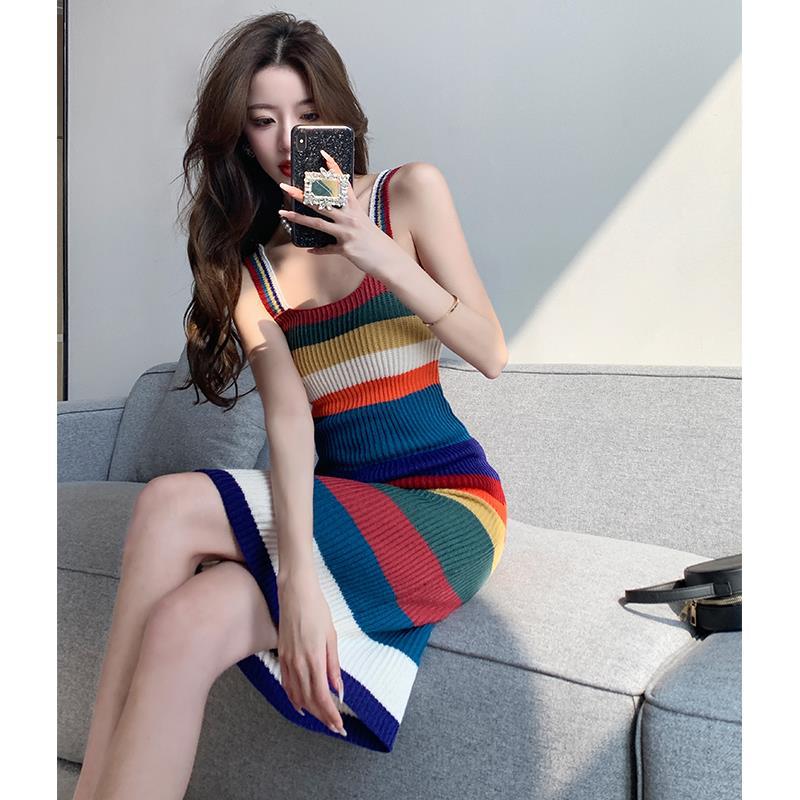 Temperament Sweet And Spicy Color Striped Knitted Suspender Dress For Women