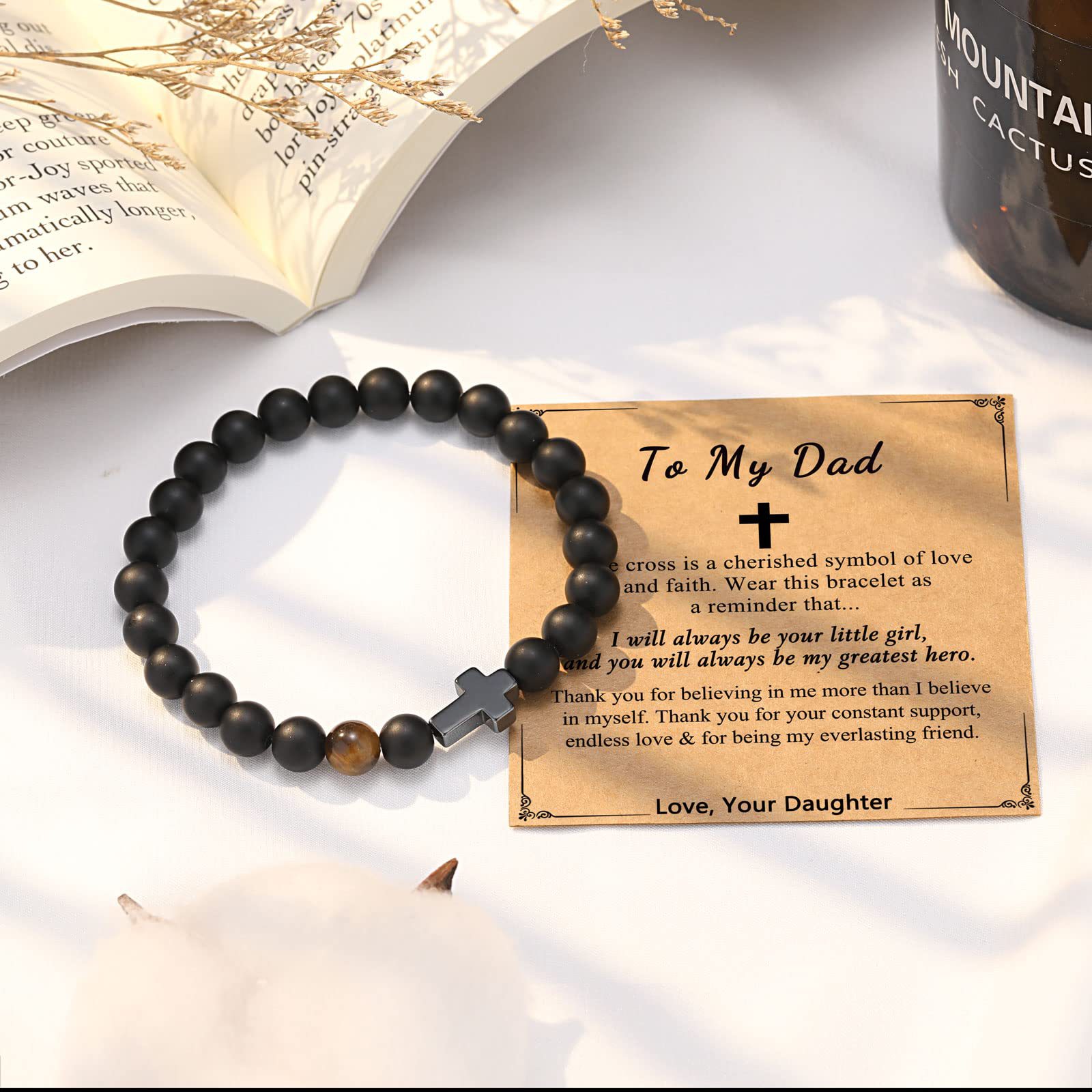 New Frosted Black Beaded Bracelet Tiger Eye Stone Cross Pendant