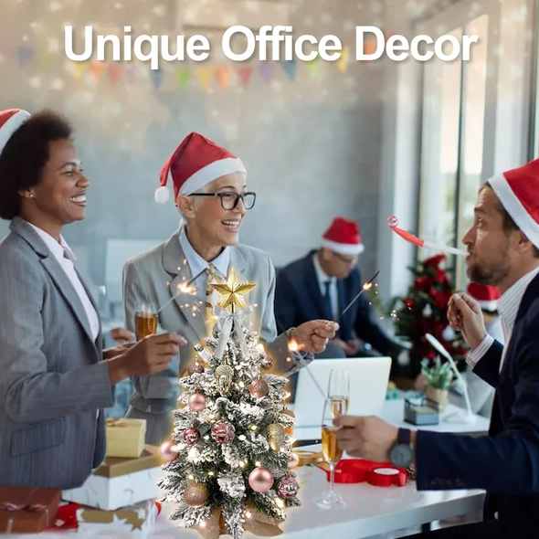 22in Tabletop Christmas Tree With Light Artificial Small Mini Red Christmas Decoration With Flocked Snow, Exquisite Decor & Xmas Ornaments For Table Top For Home & Office, Red - Image 3