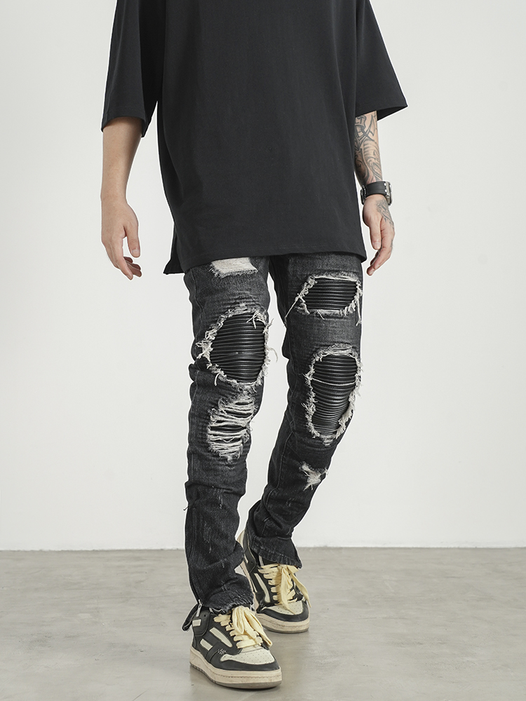 Title 6, Jeans Masculina Ripped com Patches PU e Couro, ...