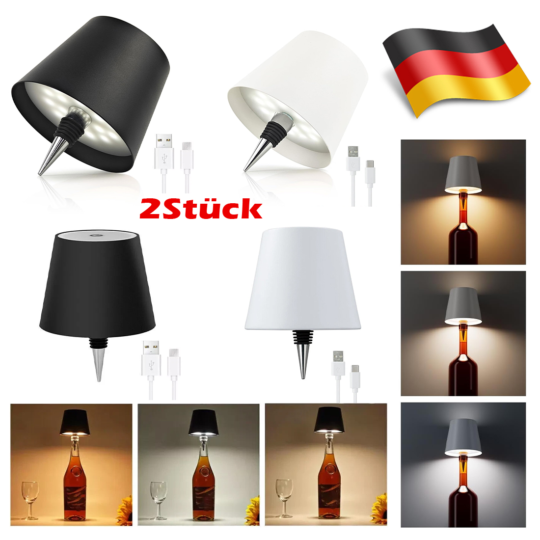 2 Pack LED Wine Bottle Light Touch Dimmable 3 Color Modes 1200mAh Rechargeable Bottle Lamp Set