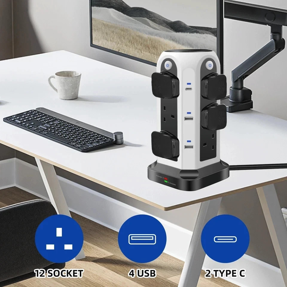 Extension 12 Way Tower Power Lead USB Multi Socket Surge Protected Socket UK