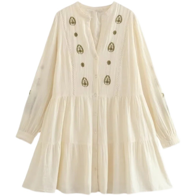 Retro Loose Long Sleeve Embroidered Short Dress — image 1