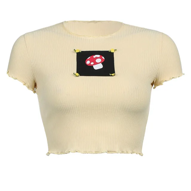 Printed Pullover Slim Fit Crew Neck Short T Shirt Crop Navel T Shirt Beige - Shop at LoveMi