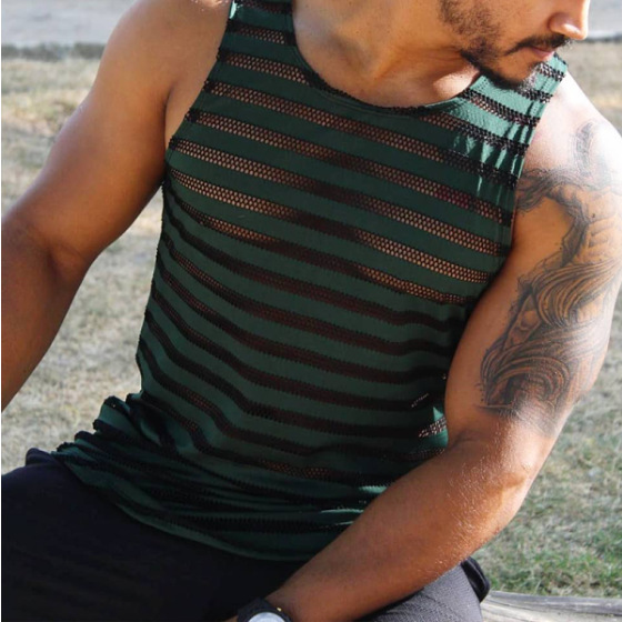 European And American Size Men’s Casual Sexy Mesh Striped Vest
