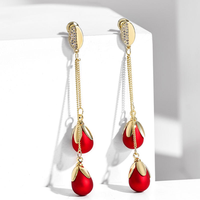 Silver Needle Pearl Long Sweet Earrings