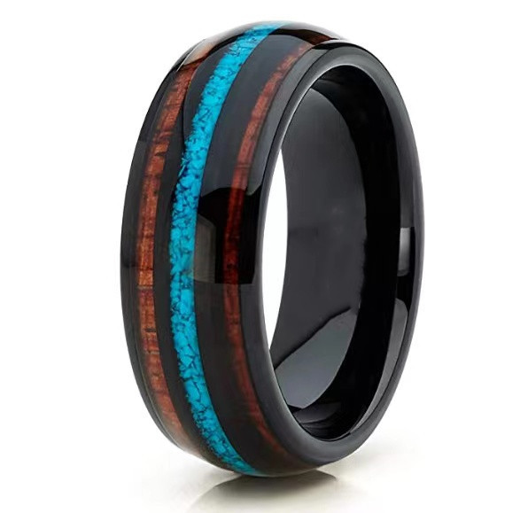 Tungsten Titanium Steel Ring Three Grooves Inlaid With Turquoise
