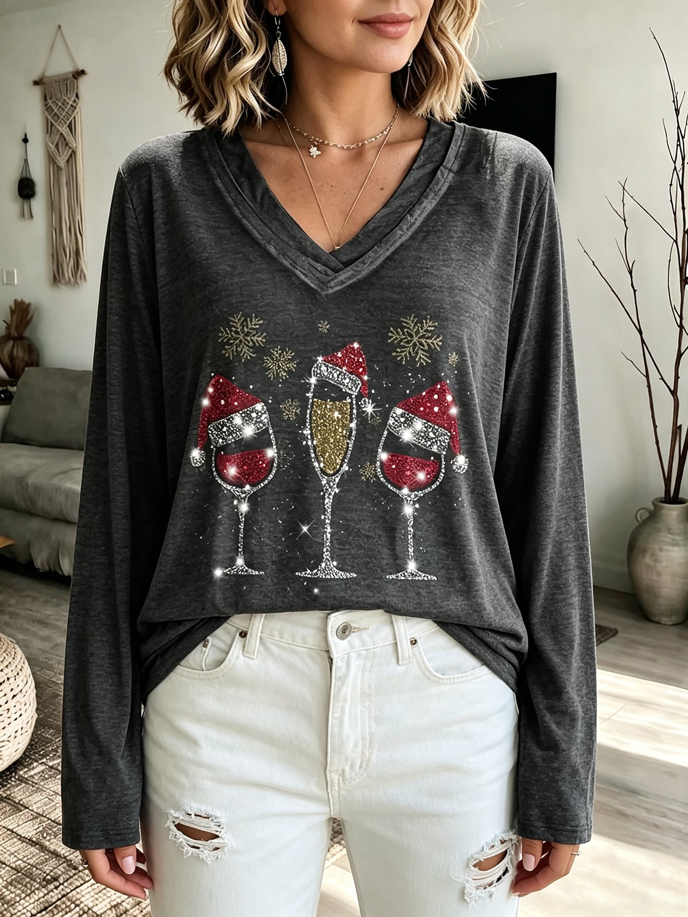 Plus Size Women Christmas Wine Glass Print Tunic Top V Neck Layered Long Sleeve T-Shirt for sale on BNS
