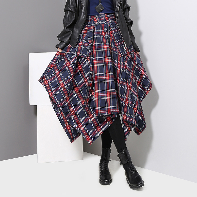A Line Korean Plaid High Waist Skirt With Belt