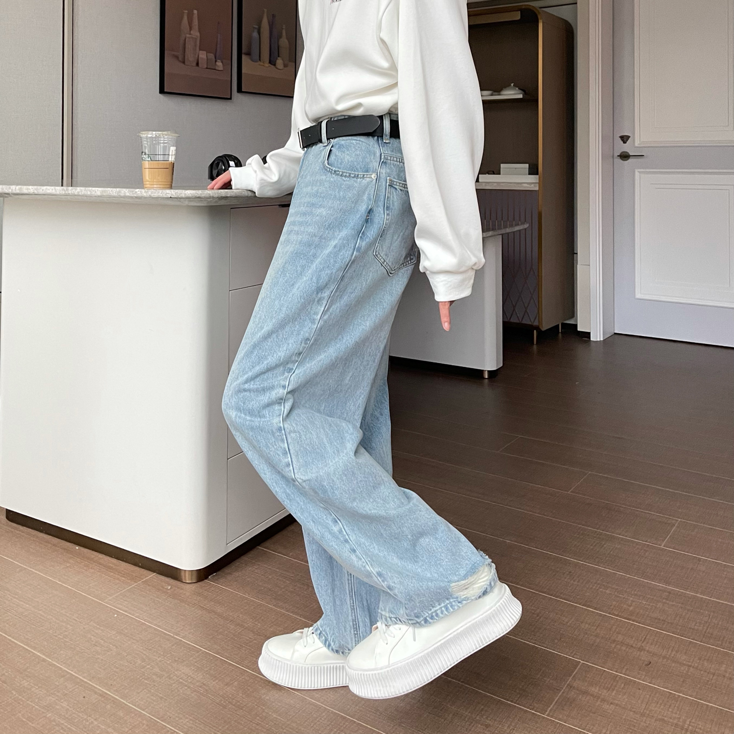 Korean Style Frayed Distressed Metal Design Straight-leg Ins Jeans