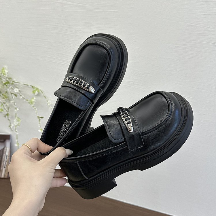Retro British Style Platform Loafers Women, Metal Chain Slip-on Round Toe Leather Dress Shoes, Preppy Versatile Flats