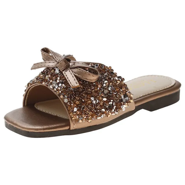 Girls Sequin Slippers Fashion Bow Flip Flops Gold - Shop at LoveMi