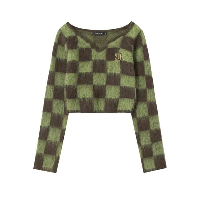 Women's Long Mohair Checkerboard Sweater Green - Shop at LoveMi