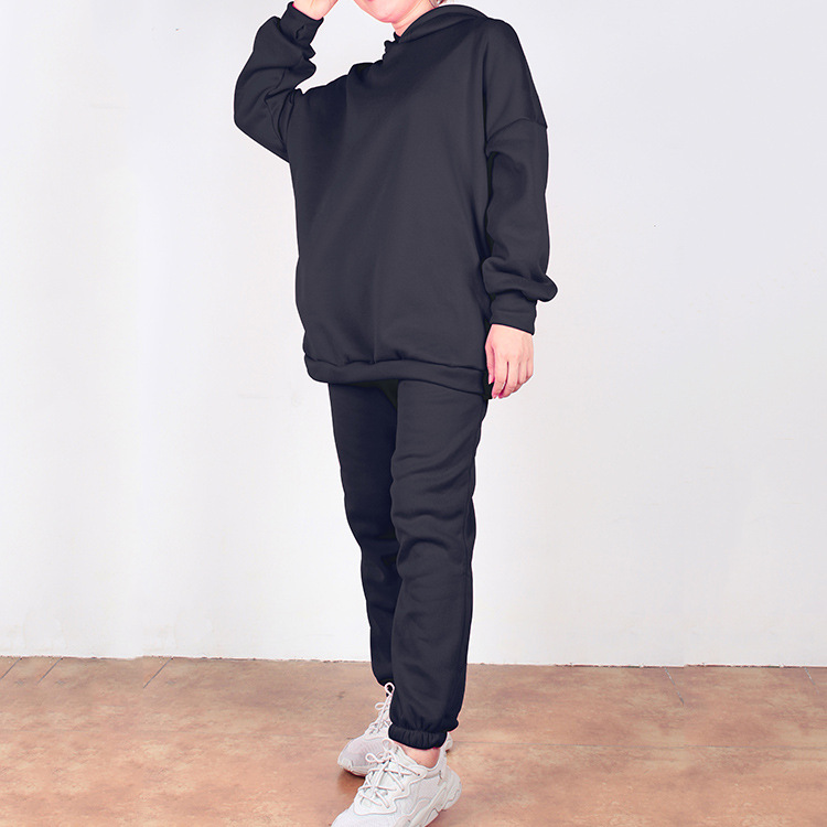 Hooded solid color loose sweater and trousers two-piece suit
