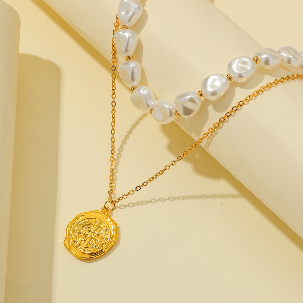 Stainless steel double-layer roman astrolabe necklace (gold)