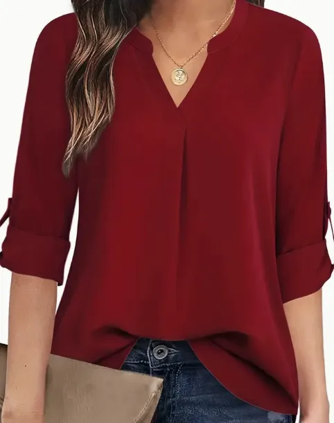 Chic Solid V Neck Blouse Fashionable Simplicity For Women Relaxed Casual Long Sleeve Style Burgundy - Shop at LoveMi
