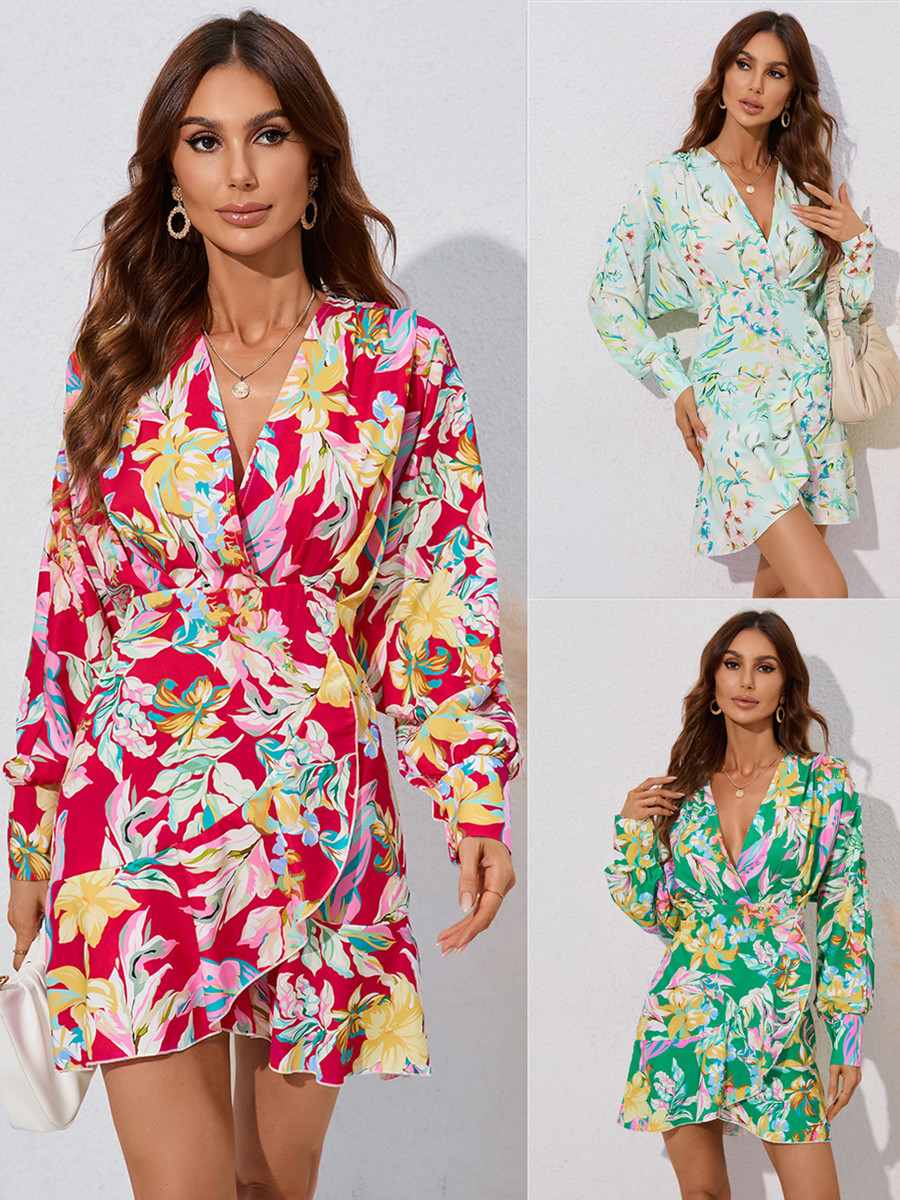 Women's Fashionable Simple Flower Printed Waist-controlled Long Sleeve Dress