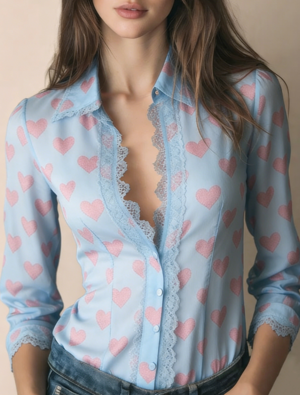 Lace V-neck Women's Long-sleeved Shirt
