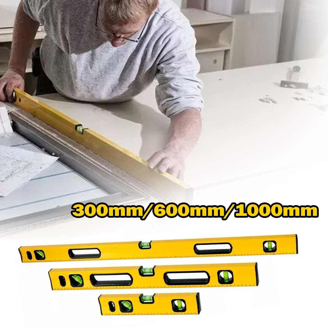 MAGNETIC 3 PIECE BUILDERS BUILDING SPIRIT LEVEL SET - 300, 600, 1000mm Yellow — image 4
