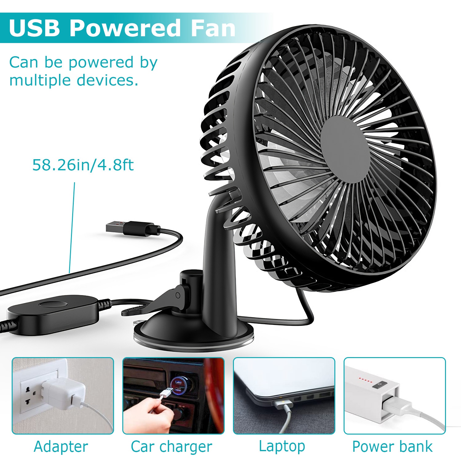 1Pc Car Cooling Fan Portable Rotatable USB Vehicle Fan Backseat Clip Fan Dashboard Window Suction Fan For SUV RV Pickup With 3 Speeds — foto 3