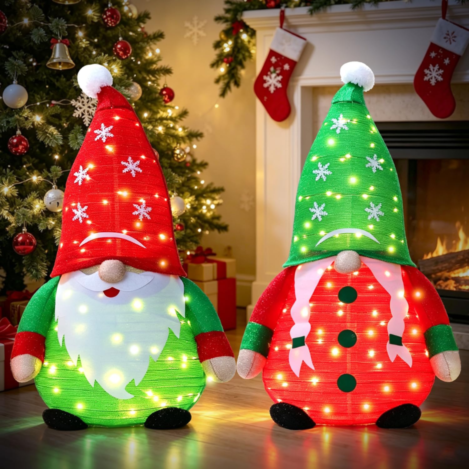 2 Pack 40inch Lighted Christmas Gnomes 3D Yard Art Decoration 3