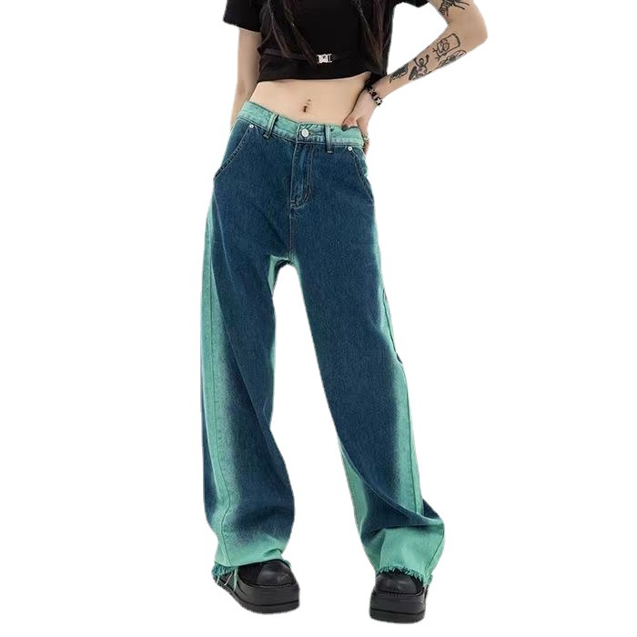 Title 5, High Waist Loose Straight Contrast Jeans