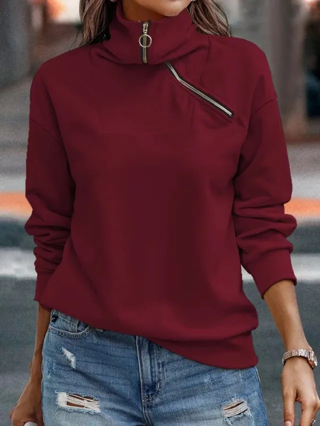 New Women's Solid Zipper High Neck Casual Loose Sweater Wine - Shop at LoveMi