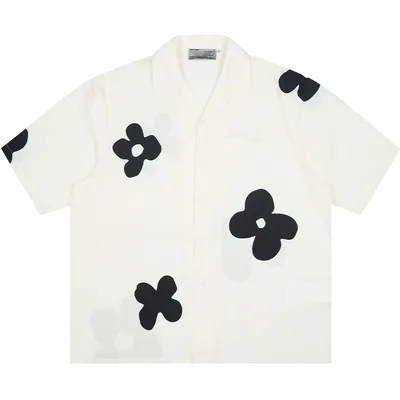 Hand painted Silhouette Floret Cuban Collar Short sleeved Shirt White - Shop at LoveMi