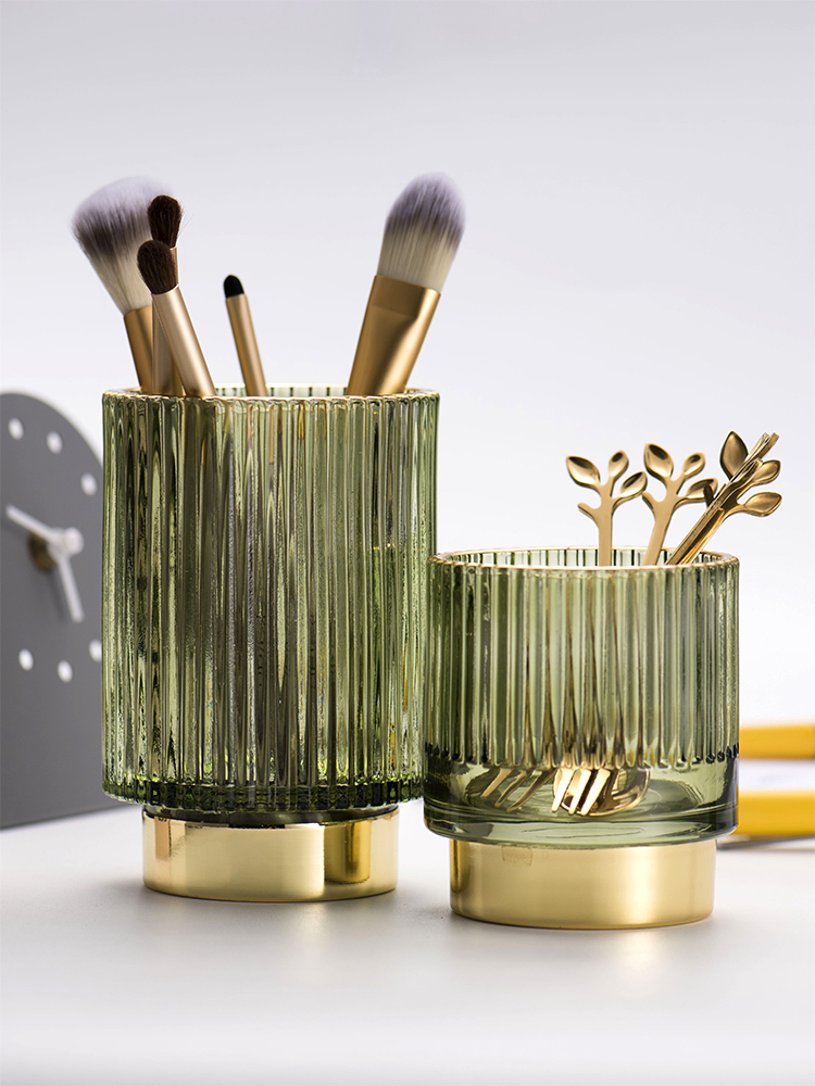 Desktop Retro Dark Green Gold Rim Glass Pen Holder Makeup Brush
