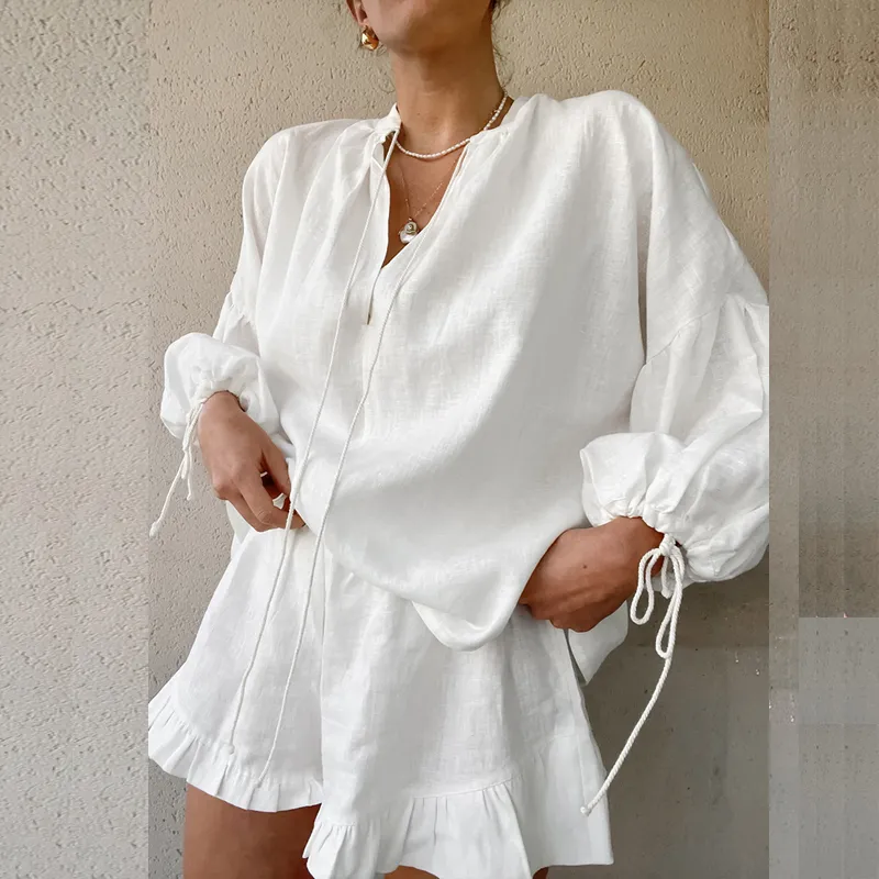 Women's Solid Colour 2-Piece Set V-Neck Tie Long Sleeve Top With Short Ruffle Hem & Elastic Waist Shorts Casual Elegant Outfit - White