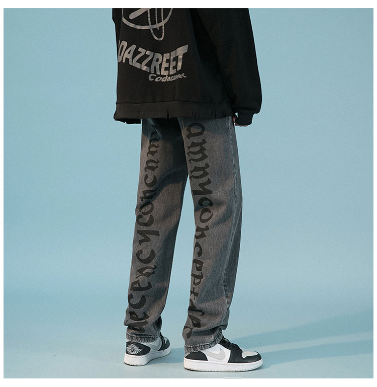 Letter Print Loose Straight Pants Ruffian Handsome Casual Mopping Trousers Black - Shop at LoveMi