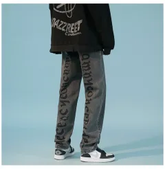 Letter Print Loose Straight Pants Ruffian Handsome Casual Mopping Trousers - Black - View 1