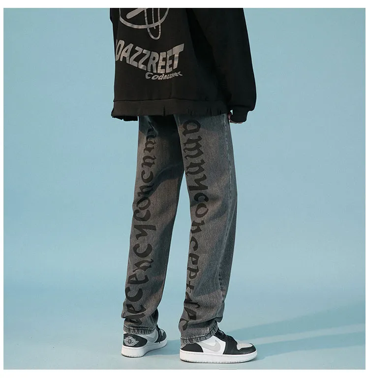 Letter Print Loose Straight Pants Ruffian Handsome Casual Mopping Trousers - Black