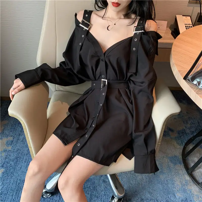 Mid-length Korean Style Sexy Shirt With Neck Waistband And Loose Shirt
