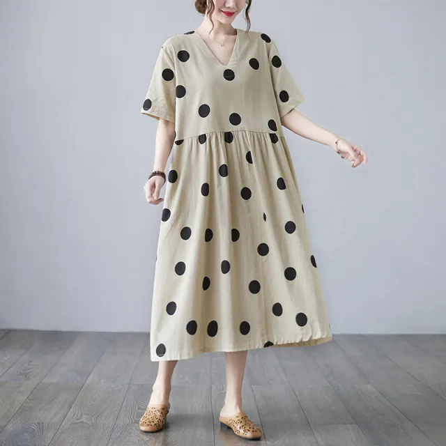 Loose paneled Cotton And Linen V neck Short sleeved Dress Apricot - Shop at LoveMi