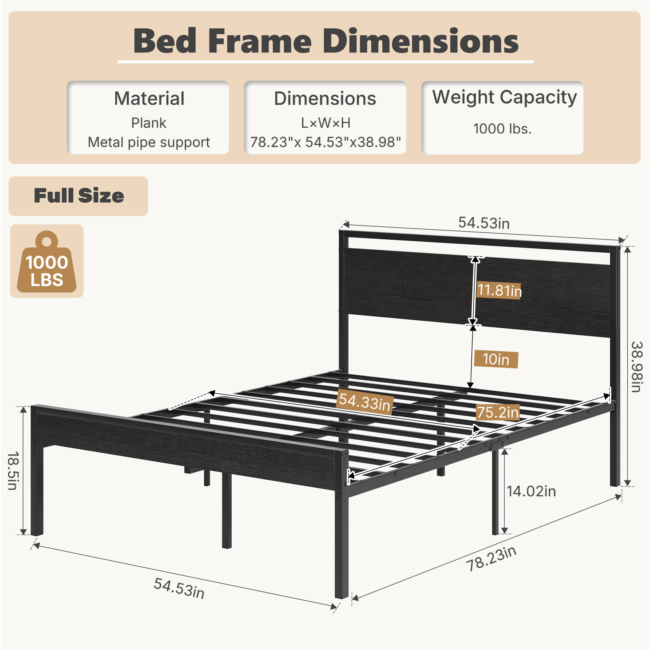 Heavy-duty Metal Platform Bed With Wooden Headboard, Capable Of Supporting 1000 Pounds, And With Storage Space Beneath The Bed. image 12