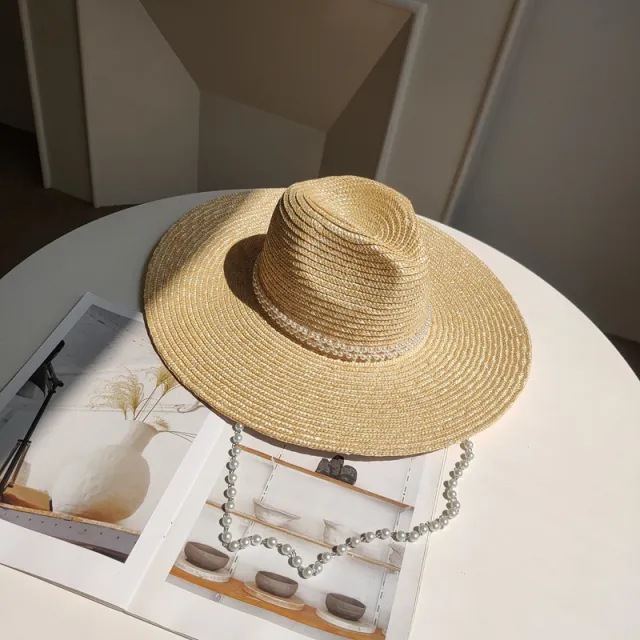 French Pearl Chain Big Brim Wheat Straw Jazz Straw Hat Beach Straw Hat - Shop at LoveMi