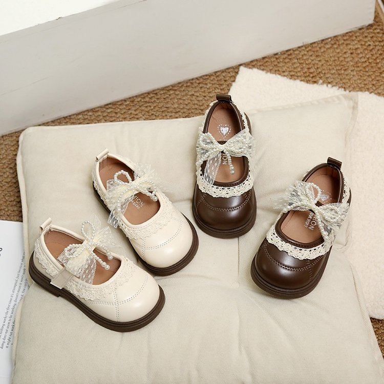 Girls' Fashion Lace Edge Single Shoes, Bow Princess Shoes, Children's Fashion Small Leather Shoes